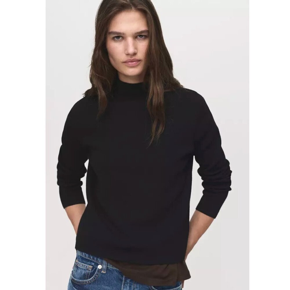 Mango MNG Mock Knitted Sweater Perkin's Neck Black Pullover Jumper Women's S